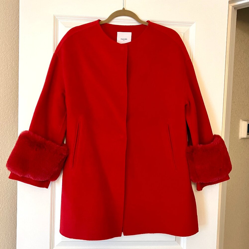 Mango Red Wool-Blend Faux Fur Cuff Sleeves Coat Jacket